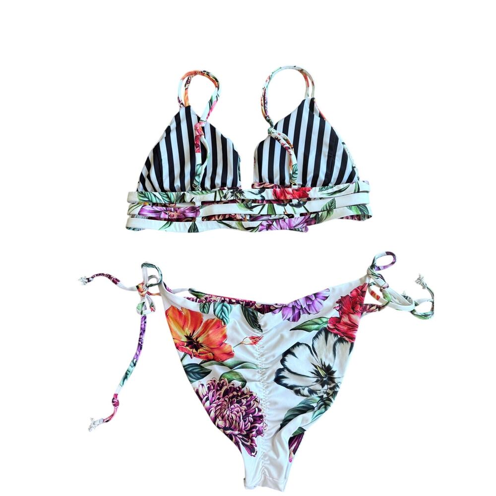 Agua Bendita Floral Embroidered Bikini Set Size L Triangle Tie Side Swimsuit - Picture 3 of 14